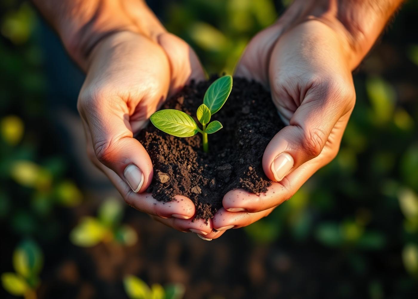 Hands holding soil with seedling